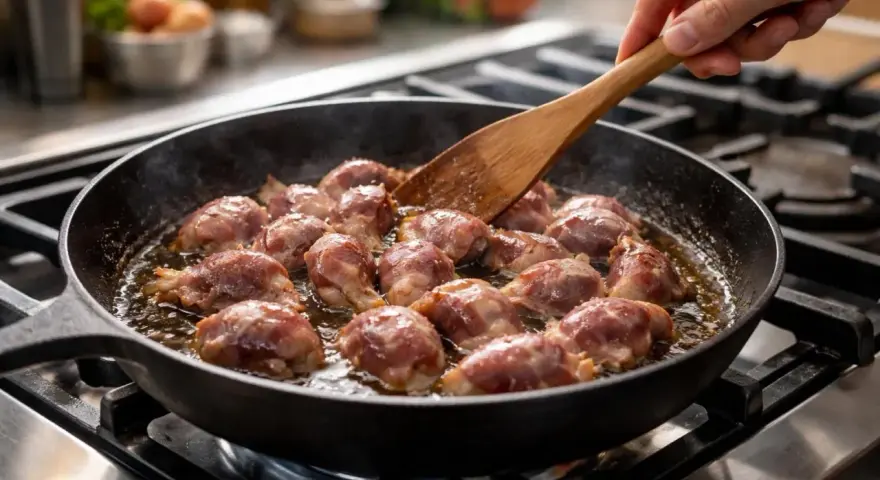Gésiers de poulet enrobés de lard, poêlés dans une cocotte en fonte. Une délicieuse recette pour un plat savoureux.