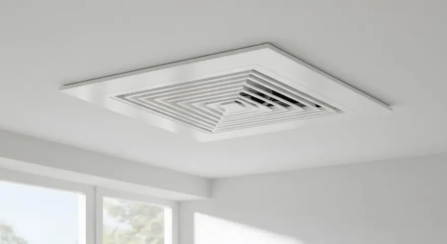 Rejilla cuadrada blanca empotrada en el techo, parte de un sistema de aire centralizado, con un diseño escalonado que dirige el flujo de aire.