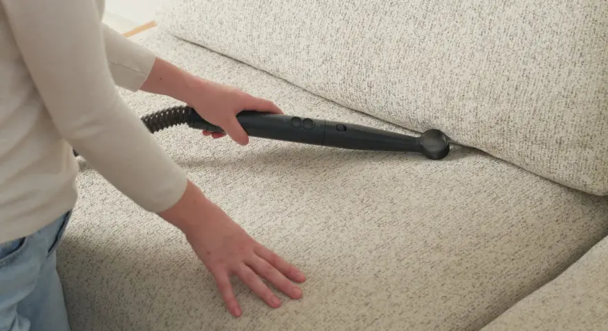 Person använder en ångtvätt för att få bort hundhår från en ljus soffa.