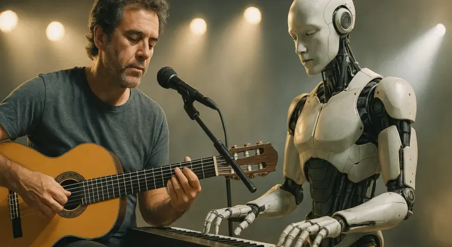 Człowiek gra na gitarze, a robot na keyboardzie. Wspólne tworzenie muzyki AI.