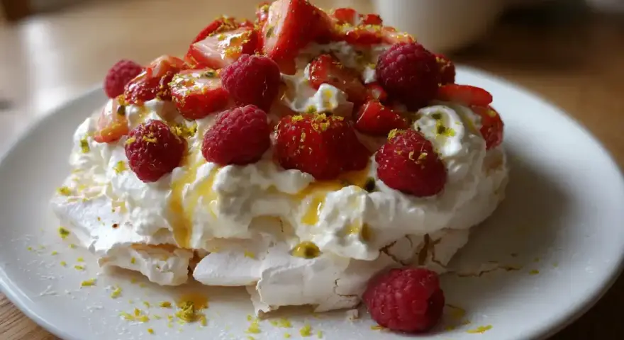 En vacker pavlova med vispgrädde, färska jordgubbar, hallon och passionsfrukt. Ett perfekt pavlova recept för sommaren!
