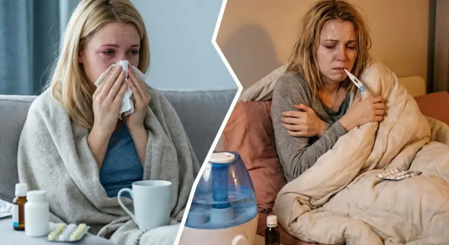 Donna con sintomi influenza 2026: raffreddata, febbricitante e coperta da coperte, con termometro e medicinali.