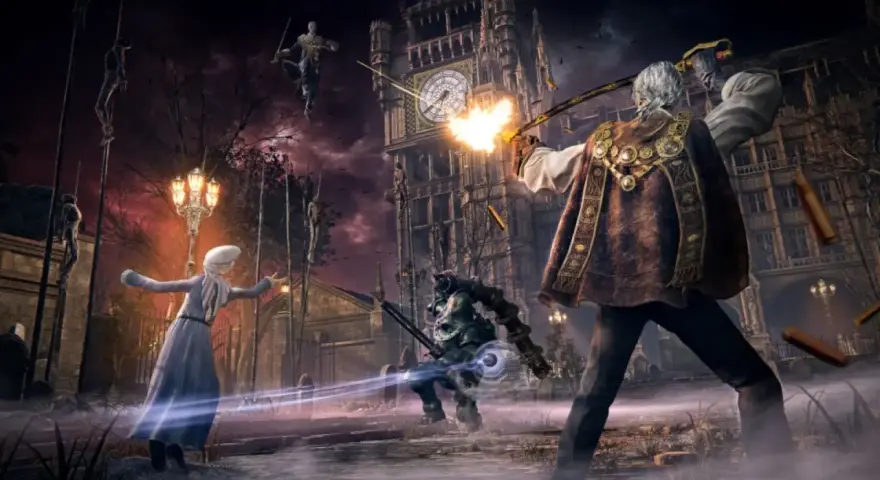 Un cazador dispara contra un monstruo frente a un reloj icónico, mientras otros luchan en un mundo oscuro. ¿Será esta la aventura de Bloodborne 2?