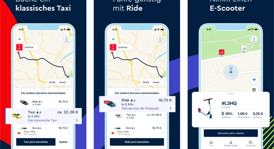 Vergleiche: klassisches Taxi free now vs. Uber-ähnliche Fahrt mit Ride oder E-Scooter.