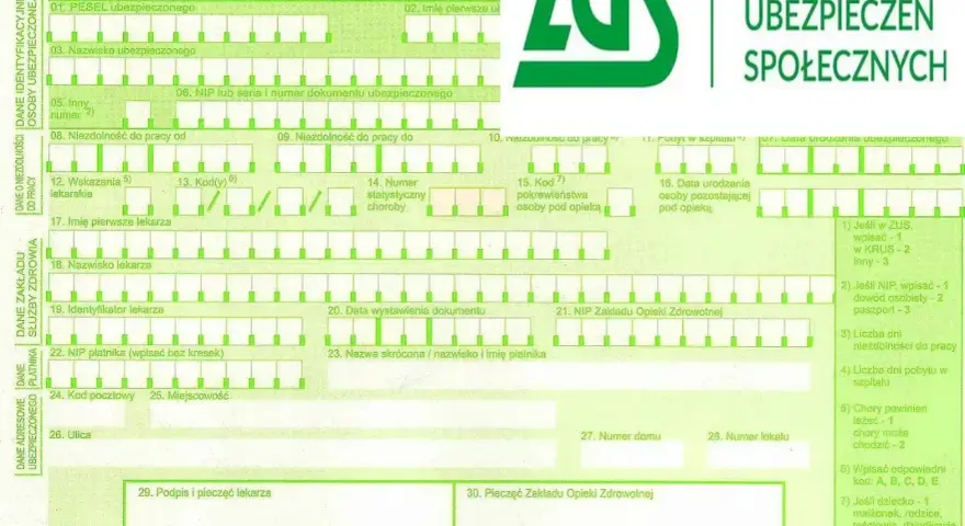 Formularz ZUS ZLA, na którym wpisuje się dane o niezdolności do pracy, np. ile można być na L4.