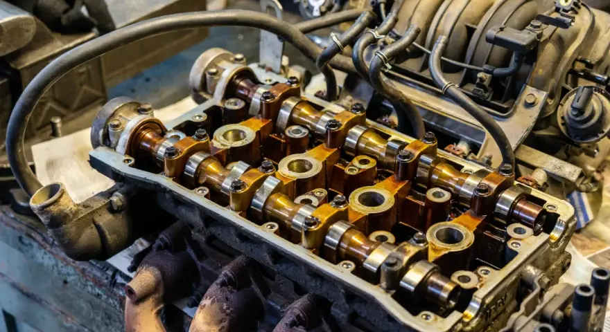 Close-up of an engine's camshafts, showing the intricate metalwork involved in camshaft repair. The golden-brown oil coating suggests recent maintenance.