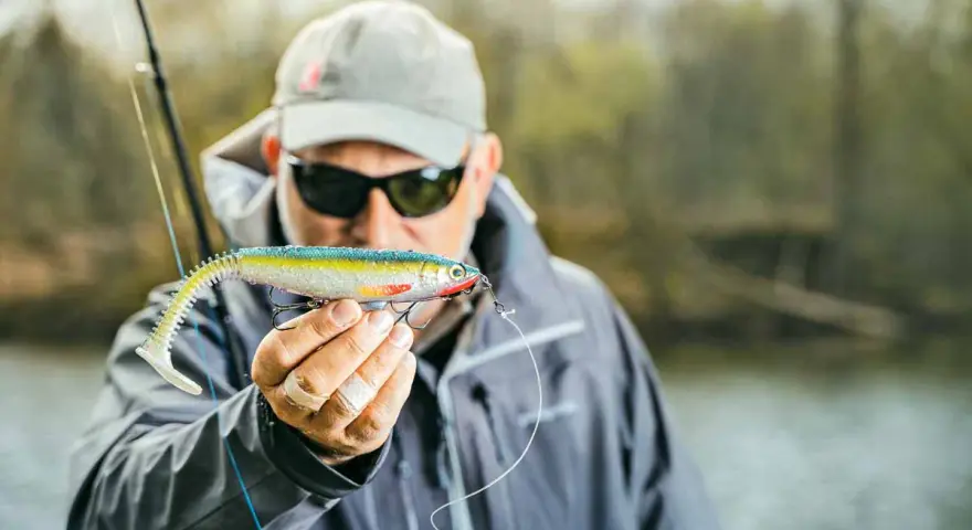 Ein Angler hält einen bunten Gummifisch, ein **big baits hecht** Köder, bereit für den Fang.