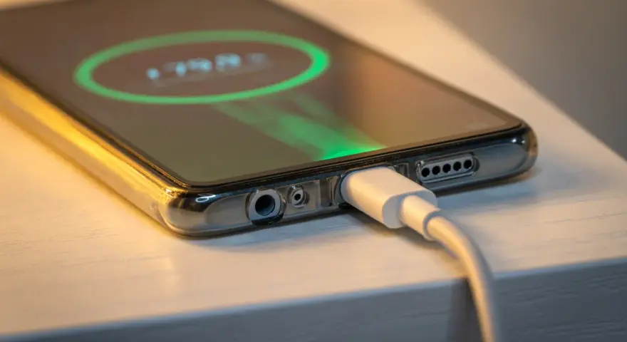 Smartfon podłączony do ładowarki, na ekranie widać wskaźnik baterii. Tak wygląda ładowanie telefonu.