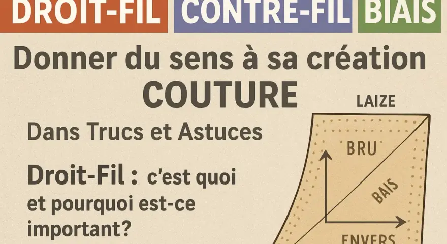 Illustration expliquant le sens du tissu pour la coupe en couture : droit-fil, contrefil, biais. Comprendre le droit-fil est essentiel.