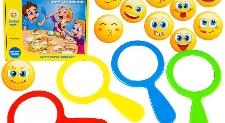 Zestaw do nauki rozpoznawania emocji dla dzieci. Kolorowe emotki i lupki zachęcają do zabawy i rozwijania umiejętności społecznych.
