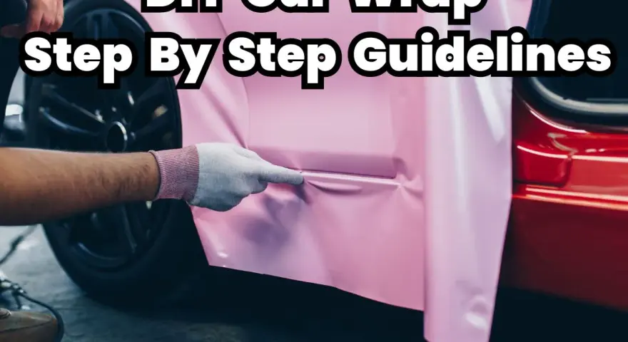 A person in gloves applies pink vinyl wrap to a car door, showing what you need to wrap your car with DIY step-by-step guidelines.