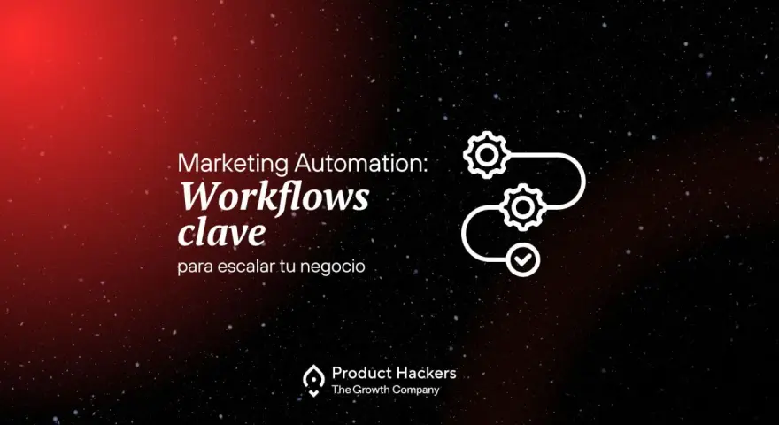 Marketing Automation: Workflows clave para escalar tu negocio. Icono de engranajes y checkmark.