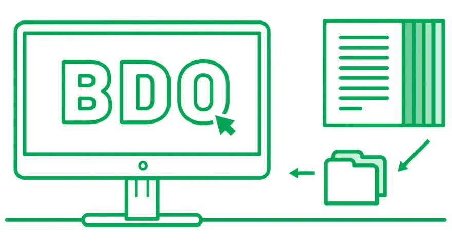 Komputer z napisem BDO, dokument i folder. KPO w BDO to proces zarządzania danymi.