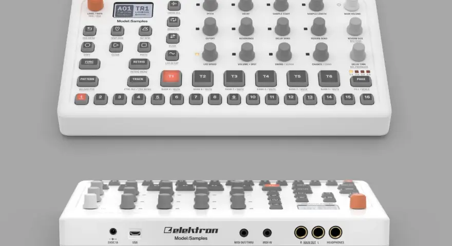 Elektron Model:Samples - biały sampler z licznymi przyciskami i pokrętłami, gotowy do tworzenia muzyki.