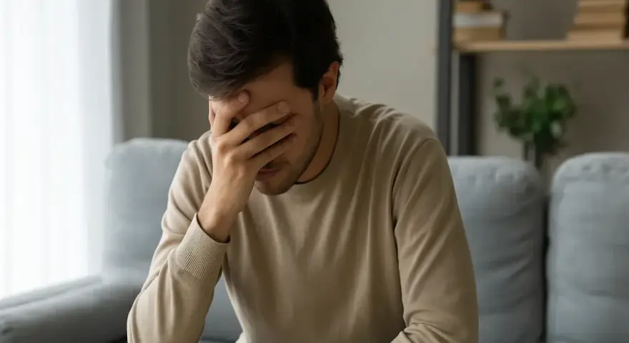 Un homme, le visage caché dans ses mains, semble accablé. Il se dit que tu n'as pas de temps pour moi.