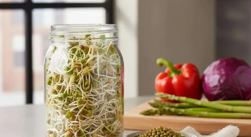 Un bocal rempli de pousses de haricots mungo, parfaites pour savoir quelles graines faire germer pour manger. Légumes frais en arrière-plan.