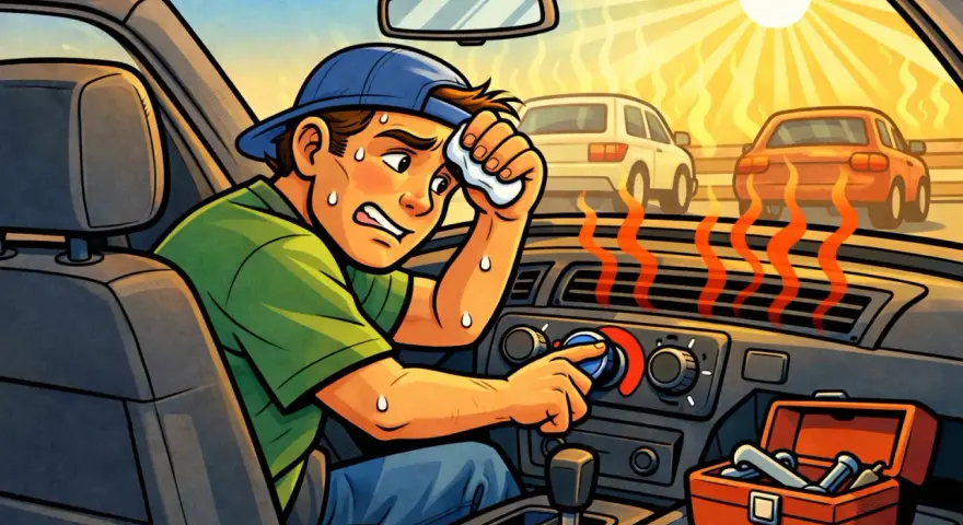 Sweaty man in a hot car, trying to fix the car AC not blowing cold air. Heat waves rise from the vents.