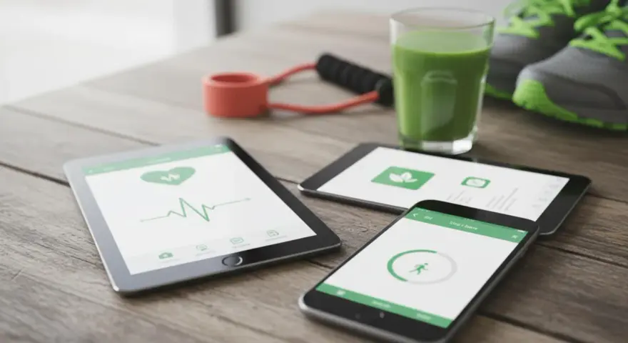 Na stole leżą tablet i smartfon z aplikacją do uzależnień, pokazującą puls i aktywność. Obok zielony koktajl, gumy do ćwiczeń i buty sportowe.