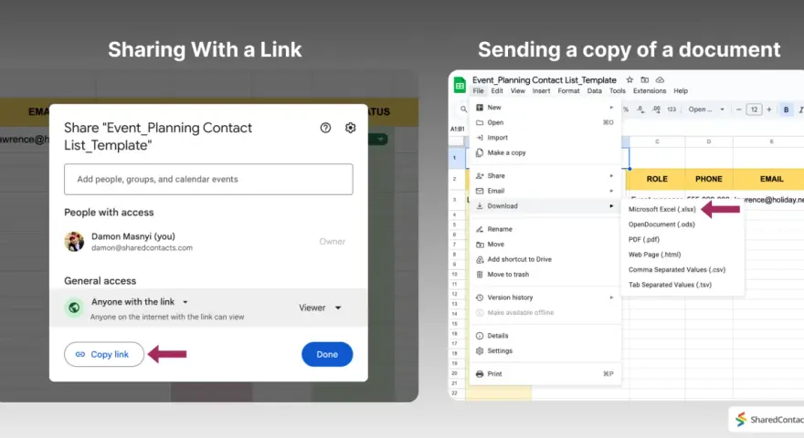 Udostępnianie arkusza kalkulacyjnego google excel przez link lub wysyłanie kopii.