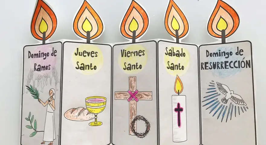 Manualidad Semana Santa niños: velas con dibujos de Domingo de Ramos, Jueves Santo, Viernes Santo, Sábado Santo y Domingo de Resurrección.