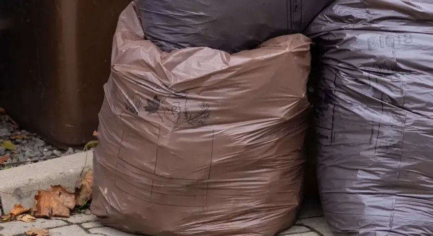 Brązowe i ciemne worki na śmieci, niektóre z napisem "BIO". Czy odpady bio można wyrzucać w workach? Tak, jeśli są to specjalne worki do tego przeznaczone.
