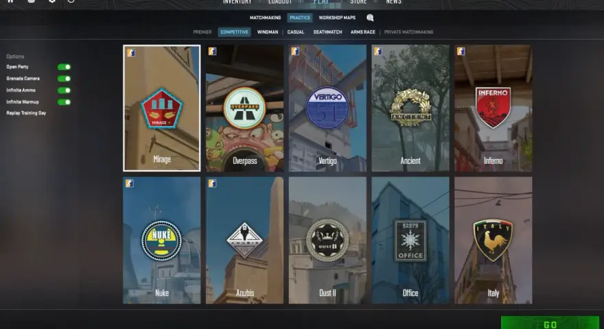 Pantalla de selección de mapas de CS:GO. Elige entre Mirage, Overpass, Vertigo, Ancient, Inferno, Nuke, Anubis, Dust II, Office o Italy para tus comandos.