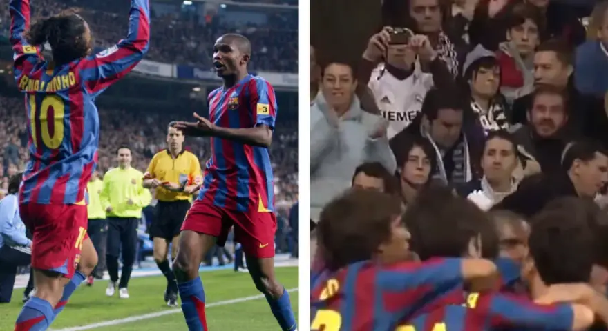 Ronaldinho i Eto'o świętują bramkę w El Clásico 2005. Kibice Realu Madryt w tle.