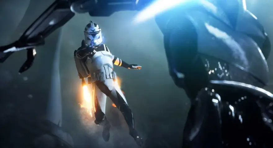 Żołnierz klonów w powietrzu, strzelający z blastera. Intensywna akcja w stylu Star Wars Battlefront 3.