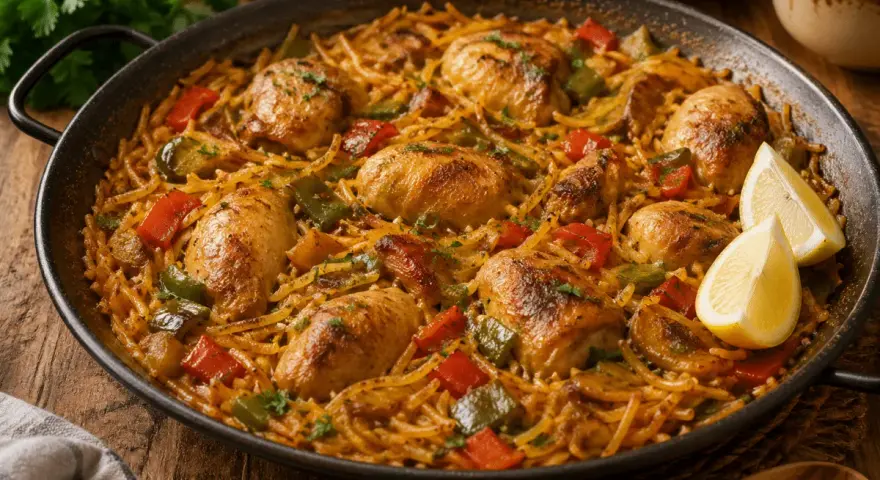 Fideuà de pollo en paellera, con trozos de pimiento rojo y verde, y gajos de limón.