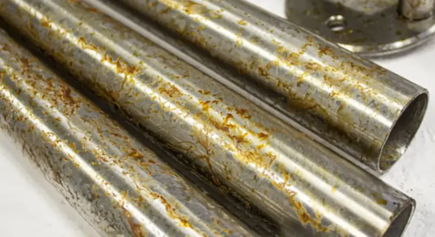 Tre tubi metallici mostrano segni di ruggine e corrosione, con l'acciaio annerisce in alcune aree.