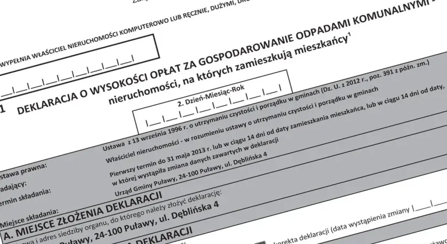 Deklaracja o wysokości opłat za gospodarowanie odpadami komunalnymi, niezbędna do prawidłowego rozliczenia wywozu śmieci.