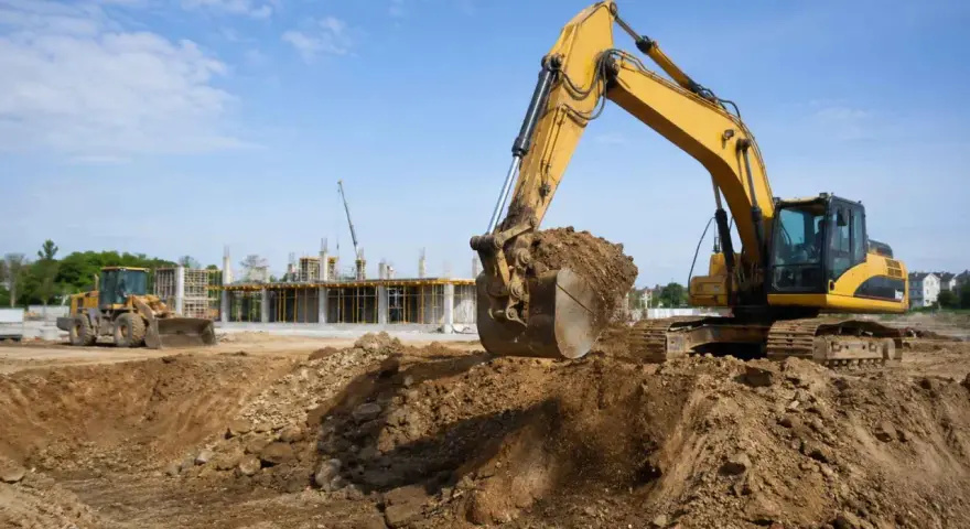 Pelleteuse jaune en action, modifiant le niveau du terrain naturel sur un chantier. Une chargeuse et une grue sont visibles en arrière-plan.