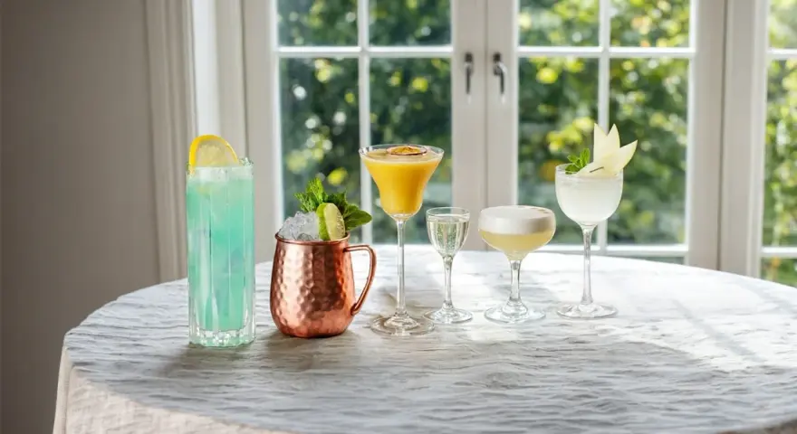 Fem olika vodka drinkar, från en blå long drink till en gyllene passionfruktscocktail och en vit äppeldryck, står uppradade på ett dukat bord.