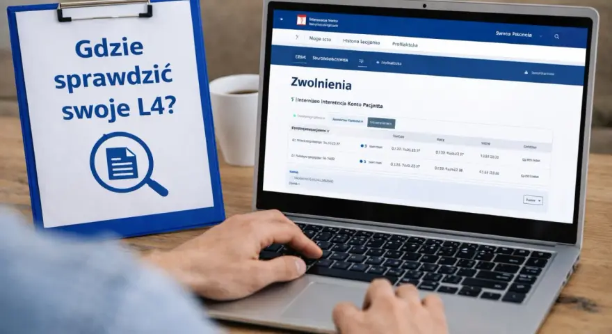 Clipboard z napisem "Gdzie sprawdzić swoje L4?" obok laptopa z widocznym panelem "Zwolnienia".