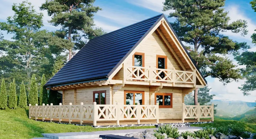Piękny dom z bali w otoczeniu drzew. Zastanawiasz się, ile kosztuje postawienie domu z bali? Ten uroczy domek może być inspiracją.