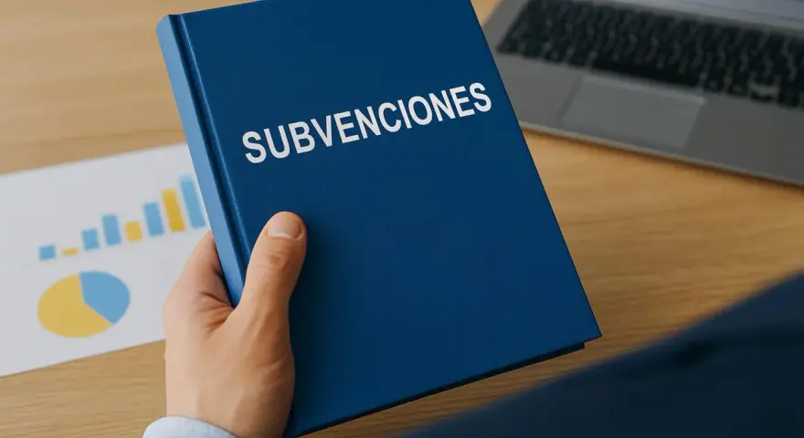 Mano sostiene un libro azul con "SUBVENCIONES" escrito. Detrás, gráficos y un portátil.