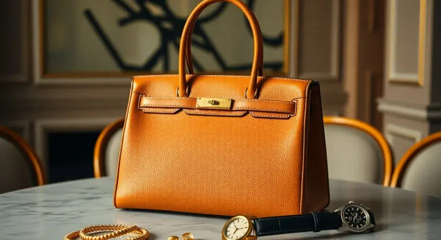 Un articolo di Hermès: borsa arancione in pelle, orologio, bracciale d'oro e orecchini su un tavolo di marmo.