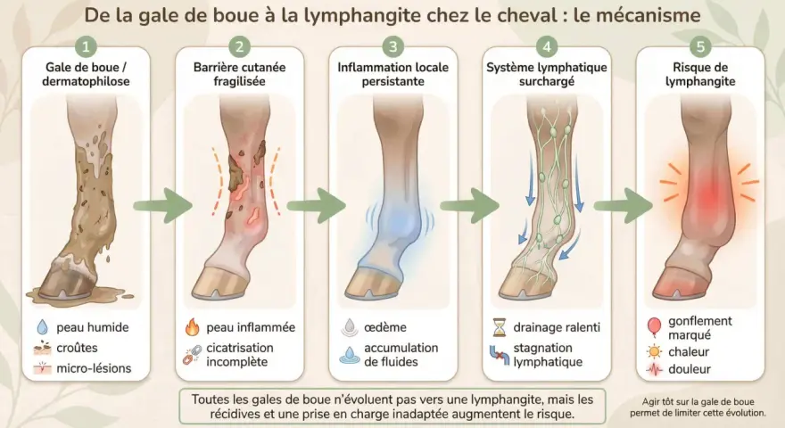 Schéma expliquant le passage de la gale de boue à la lymphangite chez le cheval : peau humide, inflammation, œdème, stagnation lymphatique, puis gonflement et douleur.