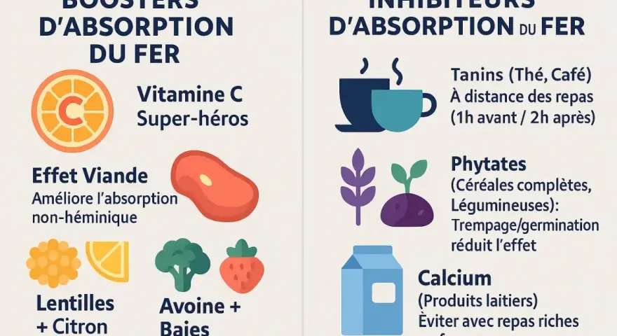 Vitamine C, viande, lentilles et avoine sont des boosters d'absorption du fer. Le calcium, les tanins et phytates l'inhibent.