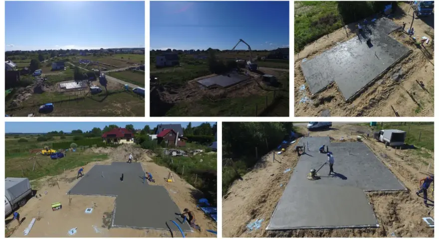 Budowa domu w toku: wylewanie płyty fundamentowej, prace wykończeniowe betonu.