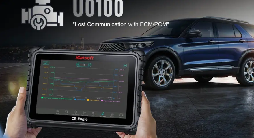Diagnosing a U0100 code, "Lost Communication with ECM/PCM," with a diagnostic tablet showing engine data graphs.