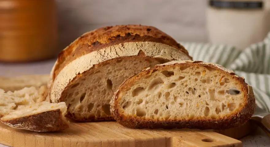 Ein frisch gebackenes reines Emmerbrot, aufgeschnitten auf einem Holzbrett. Die Krume ist luftig und goldbraun.