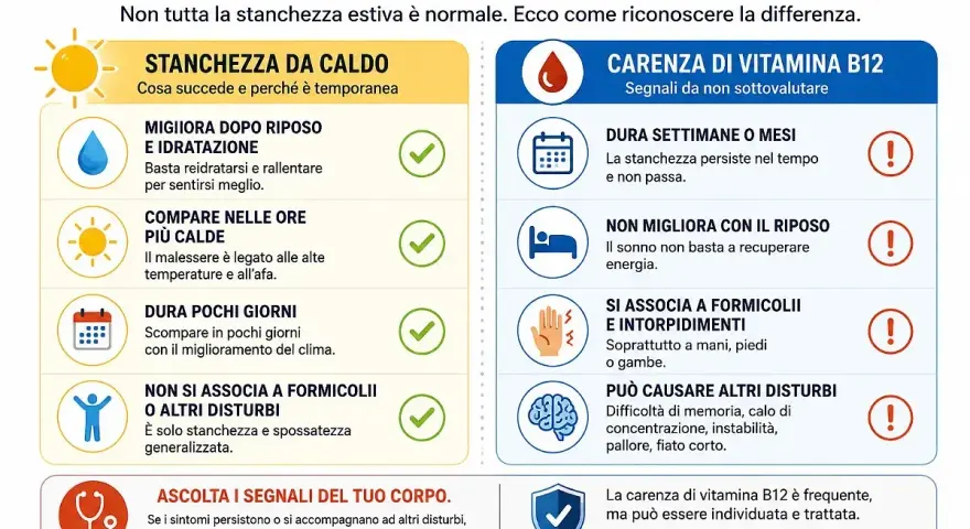 Stanchezza estiva: differenze tra colpi di calore e carenza di vitamina B12, che può causare disturbi persistenti.