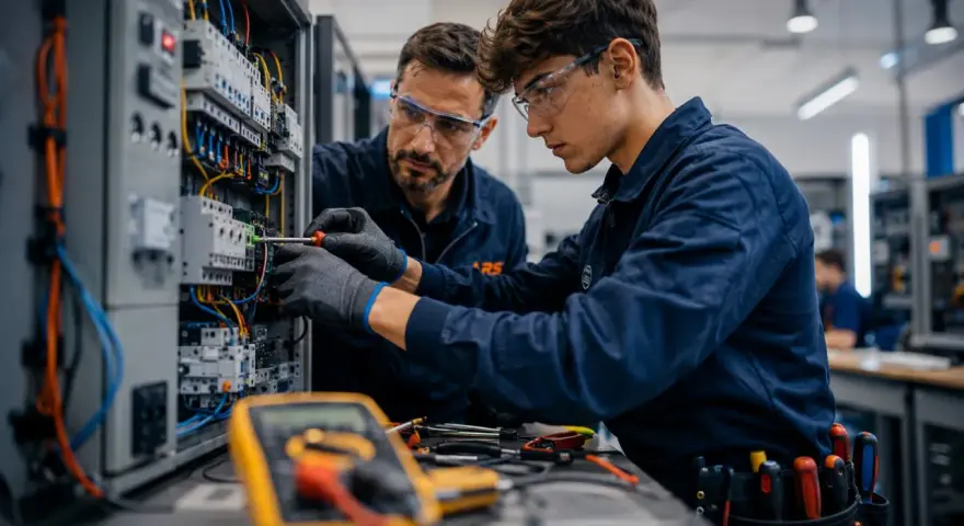 Giovane apprendista impara i segreti dei **corsi per elettricisti** con un esperto, lavorando su un quadro elettrico complesso.