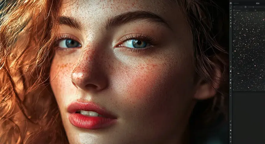 Portrait d'une rousse aux yeux bleus, peau parsemée de taches de rousseur. La **frequency separation** révèle la texture fine de sa peau.