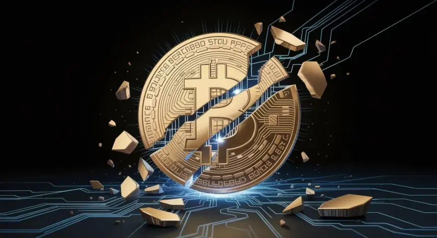 Złoty symbol Bitcoina rozpadający się na kawałki na tle cyfrowych obwodów.