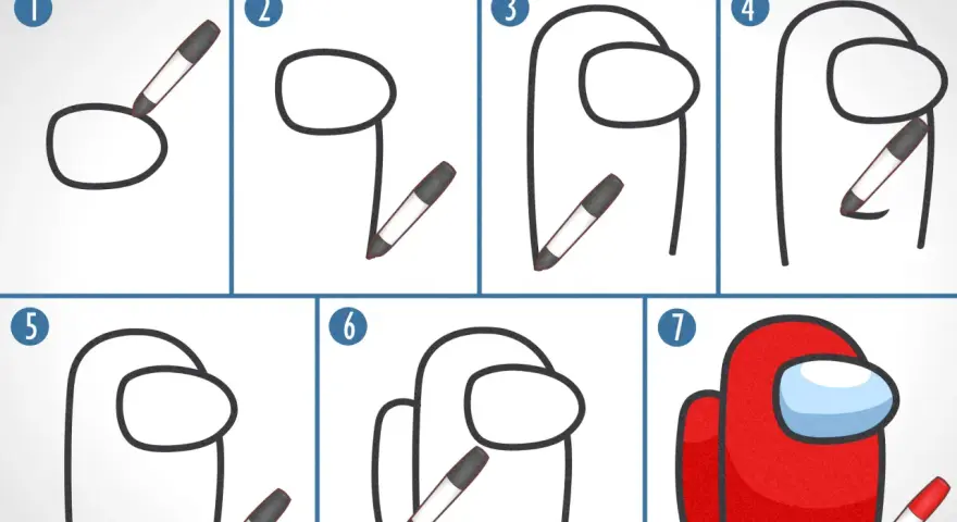Steg-för-steg-guide för att rita en Among Us-karaktär. Börja med en oval, lägg till ben och en visir. Färdigställ med en röd färg.
