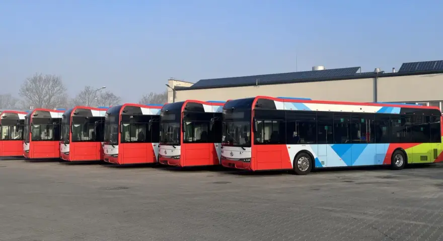 Rzędy czerwonych autobusów z kolorowymi wzorami czekają na swój z1 rozkład jazdy.