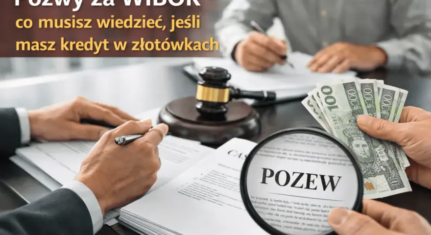 Pozwy za WIBOR – co musisz wiedzieć, jeśli masz kredyt w złotówkach. Dłoń z pieniędzmi i lupa na słowo "POZEW".