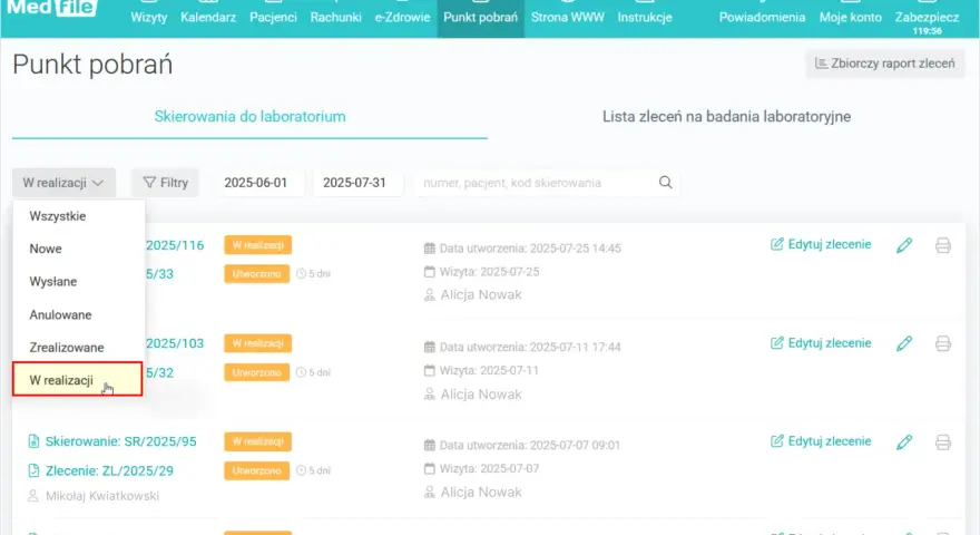 Widok listy skierowań do laboratorium, z zaznaczoną opcją "W realizacji". Widoczne są dane zleceń i pacjentów.